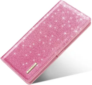 Ultra Slim Womens Wallet Minimalist Thin Long Leather Bifold Wallet RFID Blocking Card Holder Organizer with Zipper Coin Pocket Ladies Girls Gift Purse, Glitter Dark Pink