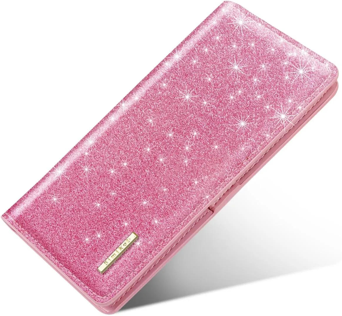 Ultra Slim Womens Wallet Minimalist Thin Long Leather Bifold Wallet RFID Blocking Card Holder Organizer with Zipper Coin Pocket Ladies Girls Gift Purse, Glitter Dark Pink