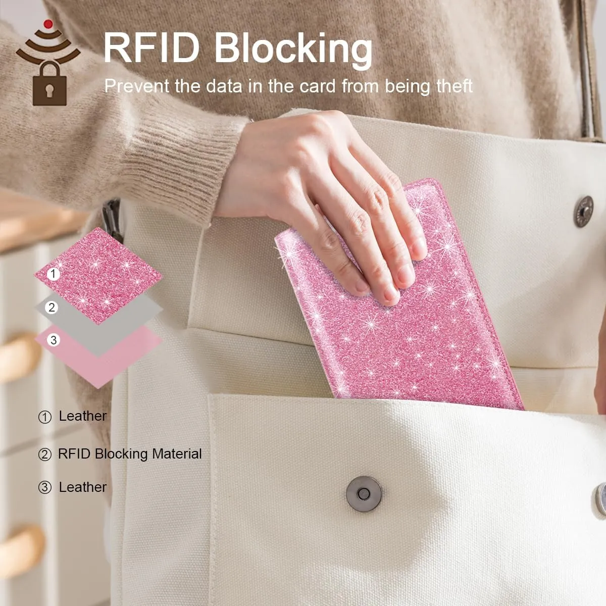 Ultra Slim Womens Wallet Minimalist Thin Long Leather Bifold Wallet RFID Blocking Card Holder Organizer with Zipper Coin Pocket Ladies Girls Gift Purse, Glitter Dark Pink