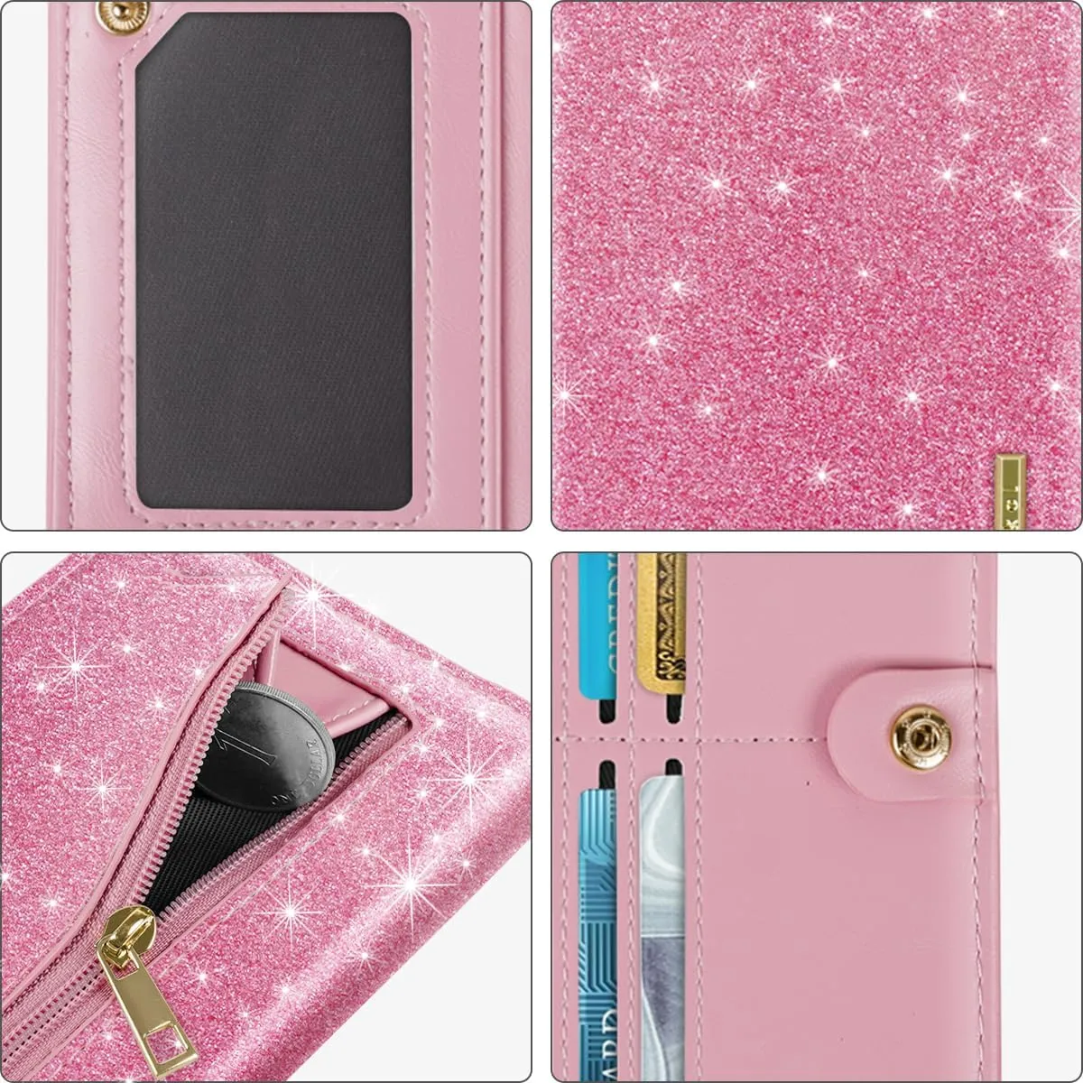 Ultra Slim Womens Wallet Minimalist Thin Long Leather Bifold Wallet RFID Blocking Card Holder Organizer with Zipper Coin Pocket Ladies Girls Gift Purse, Glitter Dark Pink