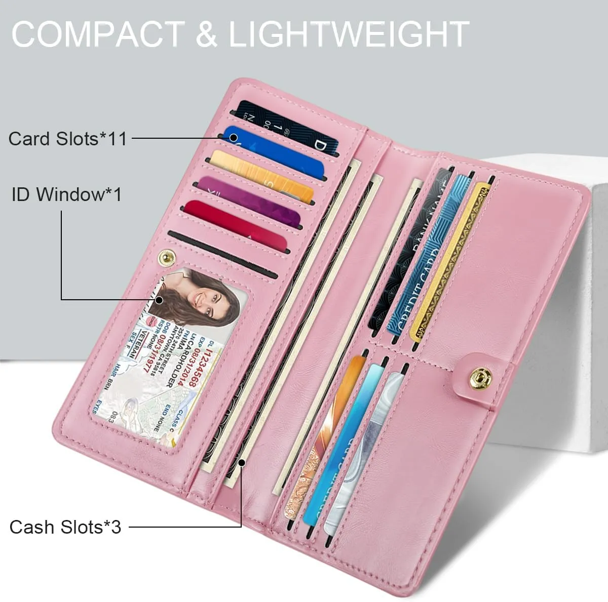 Ultra Slim Womens Wallet Minimalist Thin Long Leather Bifold Wallet RFID Blocking Card Holder Organizer with Zipper Coin Pocket Ladies Girls Gift Purse, Glitter Dark Pink