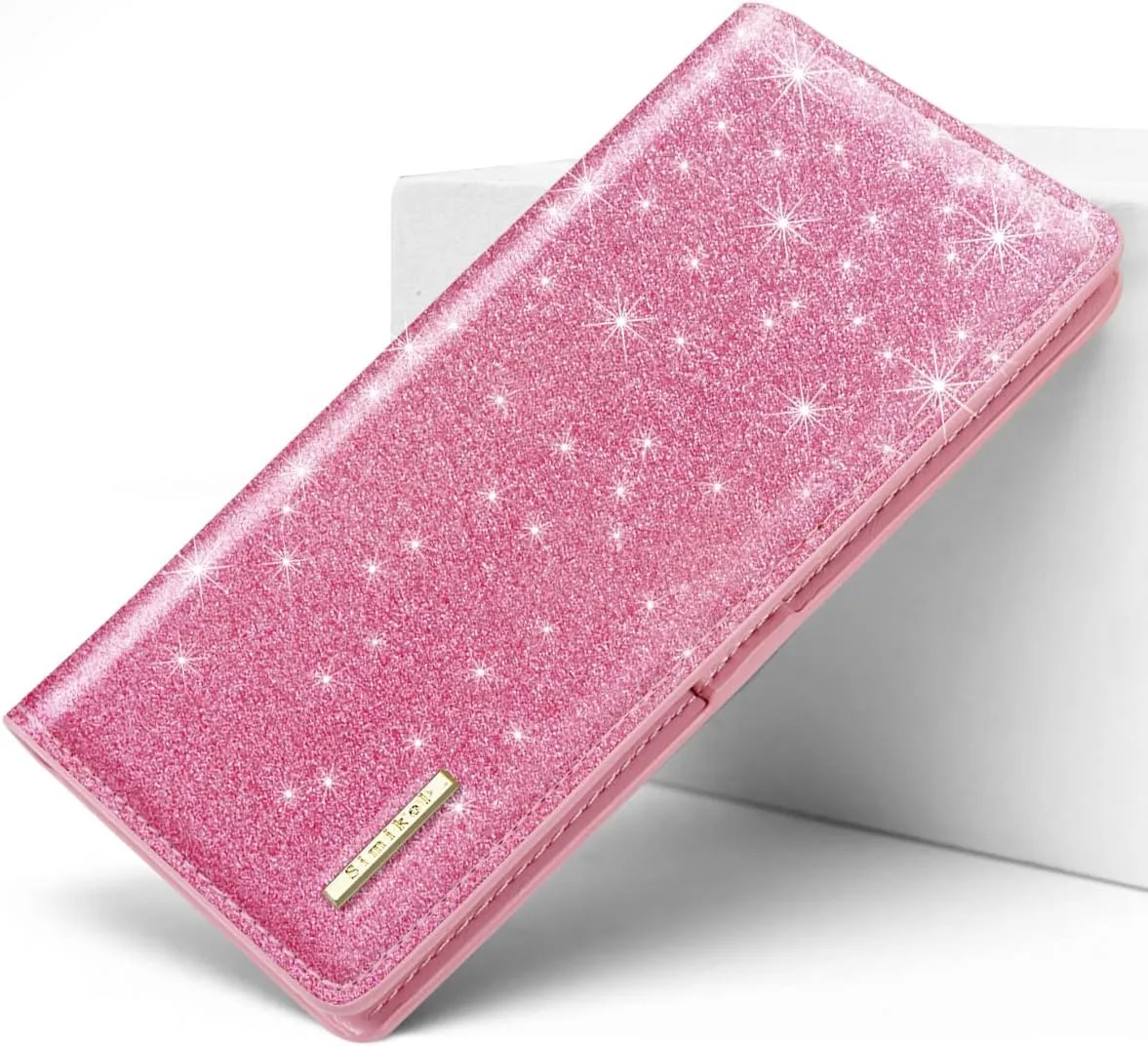 Ultra Slim Womens Wallet Minimalist Thin Long Leather Bifold Wallet RFID Blocking Card Holder Organizer with Zipper Coin Pocket Ladies Girls Gift Purse, Glitter Dark Pink