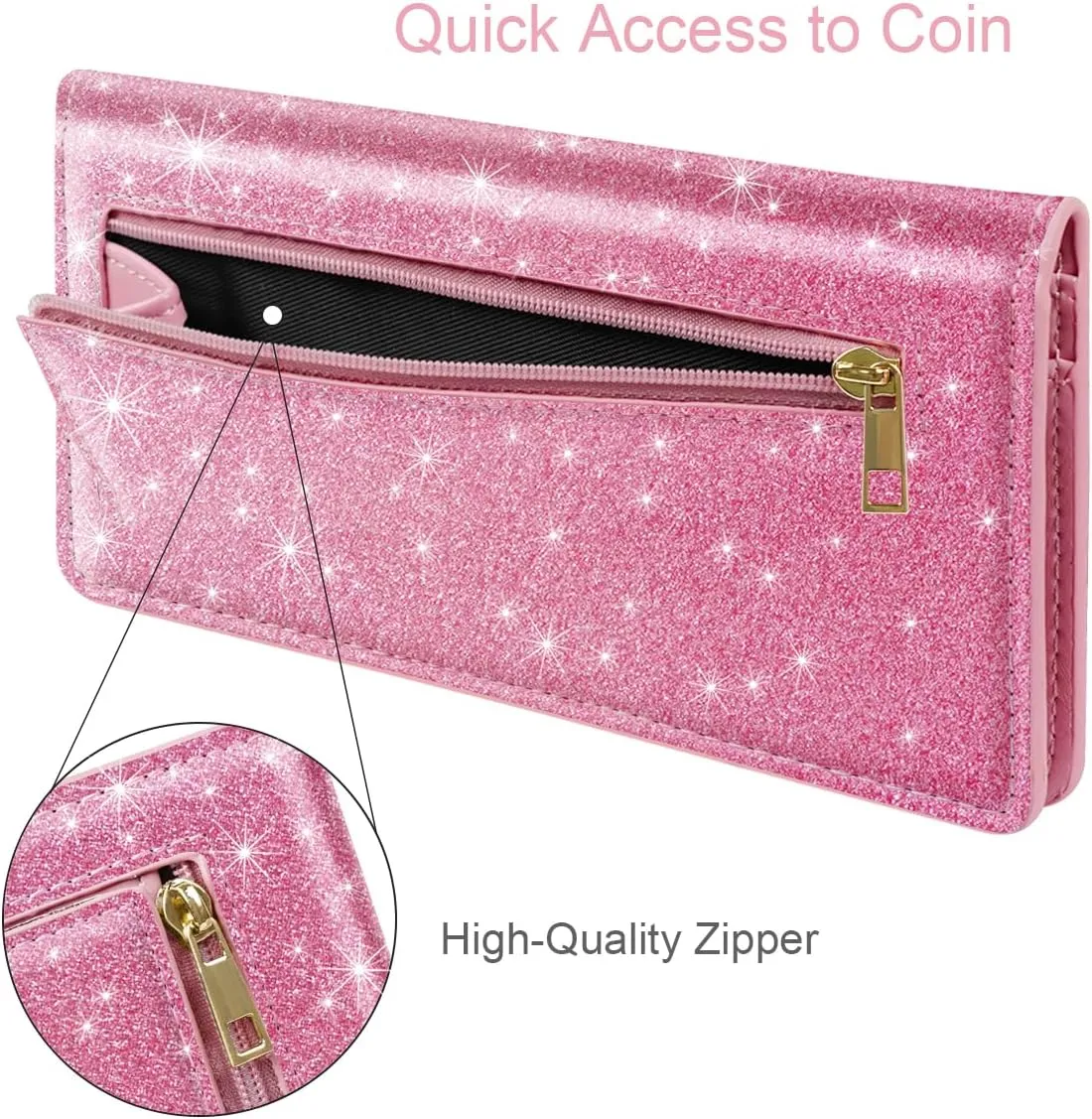 Ultra Slim Womens Wallet Minimalist Thin Long Leather Bifold Wallet RFID Blocking Card Holder Organizer with Zipper Coin Pocket Ladies Girls Gift Purse, Glitter Dark Pink