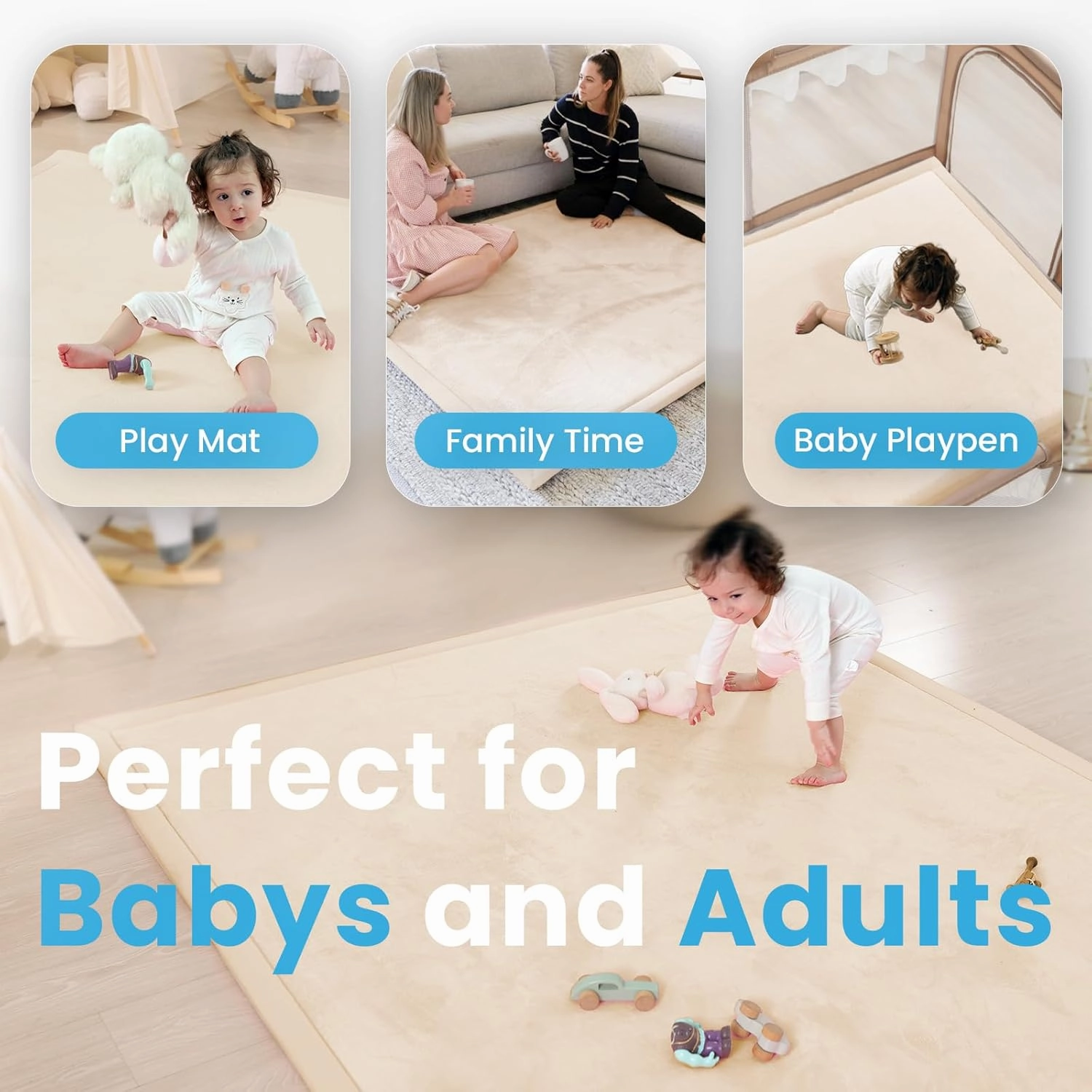Ultra Soft Baby Play Mat,1.3" Thick Elasti-Foam Tummy Time Mat for Infants,Toddlers,Kids,Water-Repellent Coral Fleece Nursery Rug,Non-Slip Safe for Crawling&Hardwood Floors(Beige)