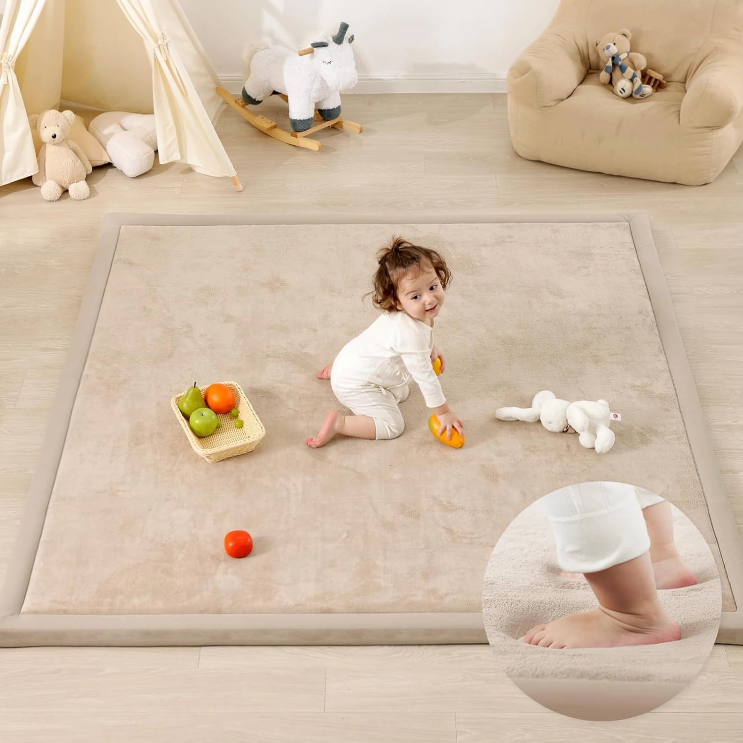 Ultra Soft Baby Play Mat,1.3" Thick Elasti-Foam Tummy Time Mat for Infants,Toddlers,Kids,Water-Repellent Coral Fleece Nursery Rug,Non-Slip Safe for Crawling&Hardwood Floors(Beige)