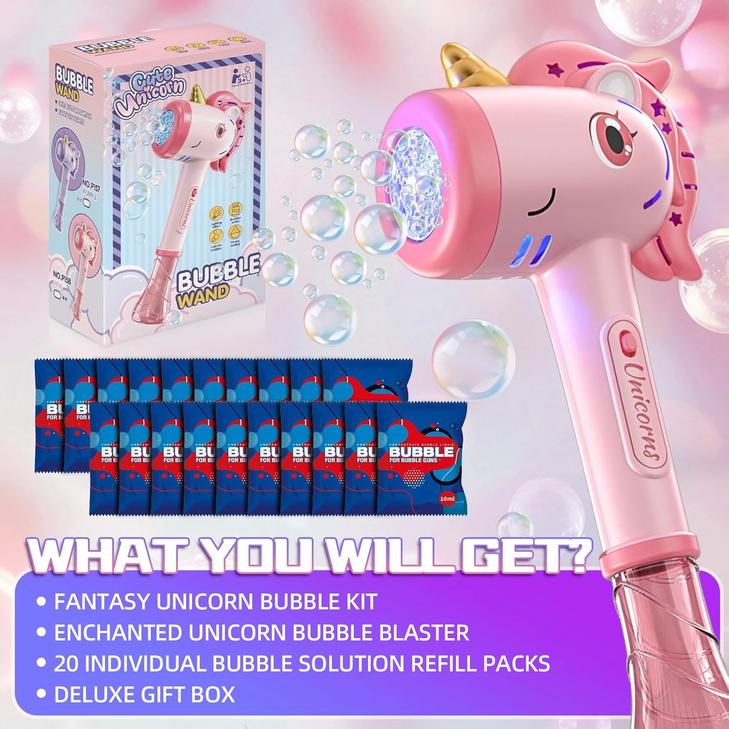 Unicorn Bubble Wands (20 Bottles Refill Solution) - Bubble Gun & Bubble Machine for Girls, Kids & Toddlers Ages 3-14, Outdoor Toys, Easter Party & Birthday Gift, with Ergonomic Handle – Pink