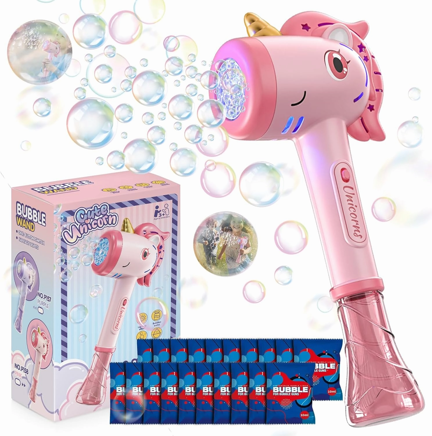 Unicorn Bubble Wands (20 Bottles Refill Solution) - Bubble Gun & Bubble Machine for Girls, Kids & Toddlers Ages 3-14, Outdoor Toys, Easter Party & Birthday Gift, with Ergonomic Handle – Pink
