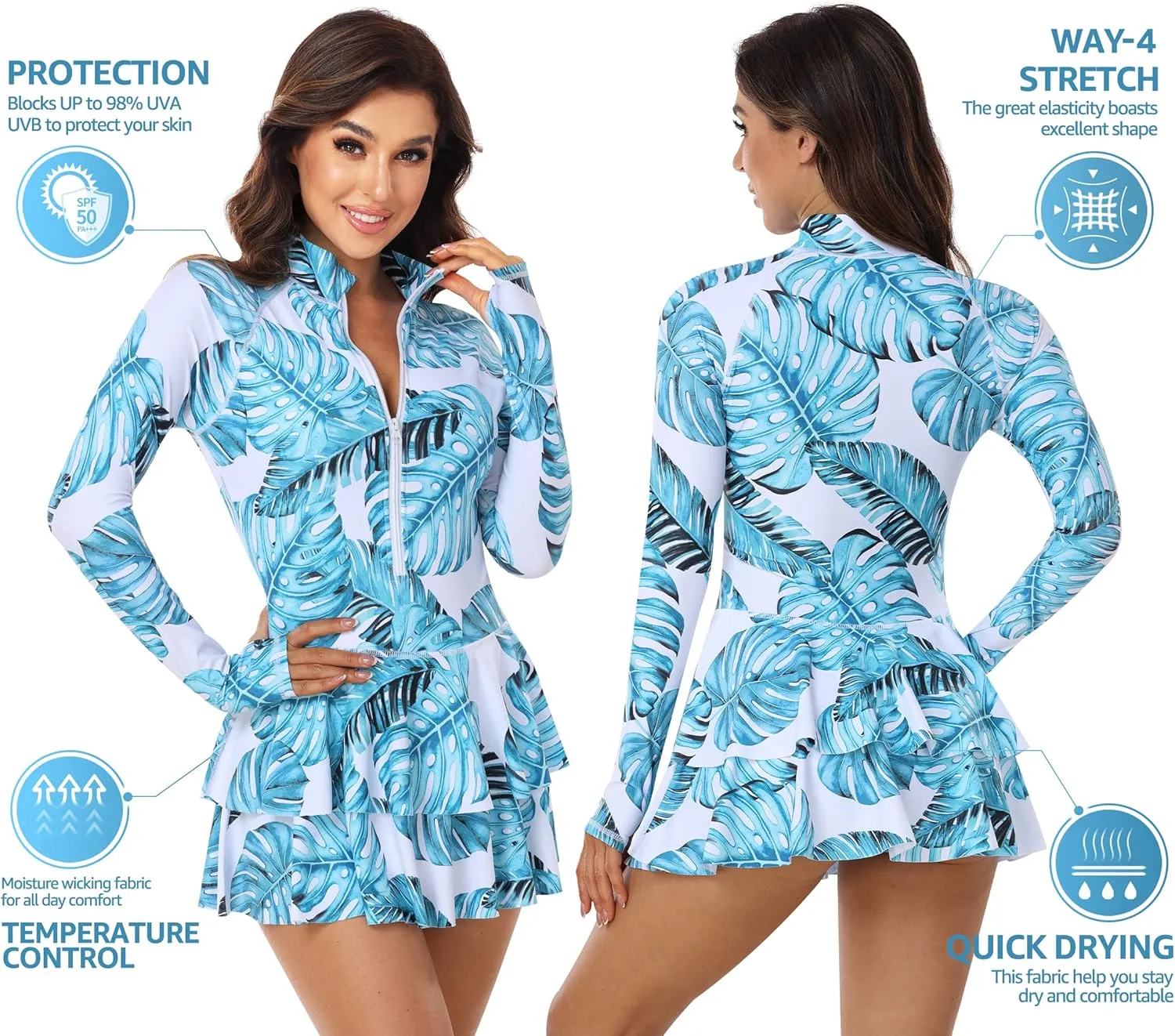 UNIQUEBELLA Rash Guard for Women, 1 Piece Modest Swimsuits for Women - Long Sleeve Swimsuits UV UPF 50  Swim Shirt