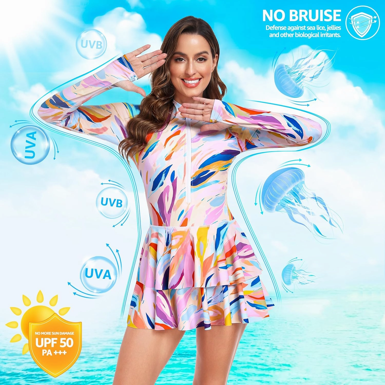 UNIQUEBELLA Rash Guard for Women, 1 Piece Modest Swimsuits for Women - Long Sleeve Swimsuits UV UPF 50  Swim Shirt