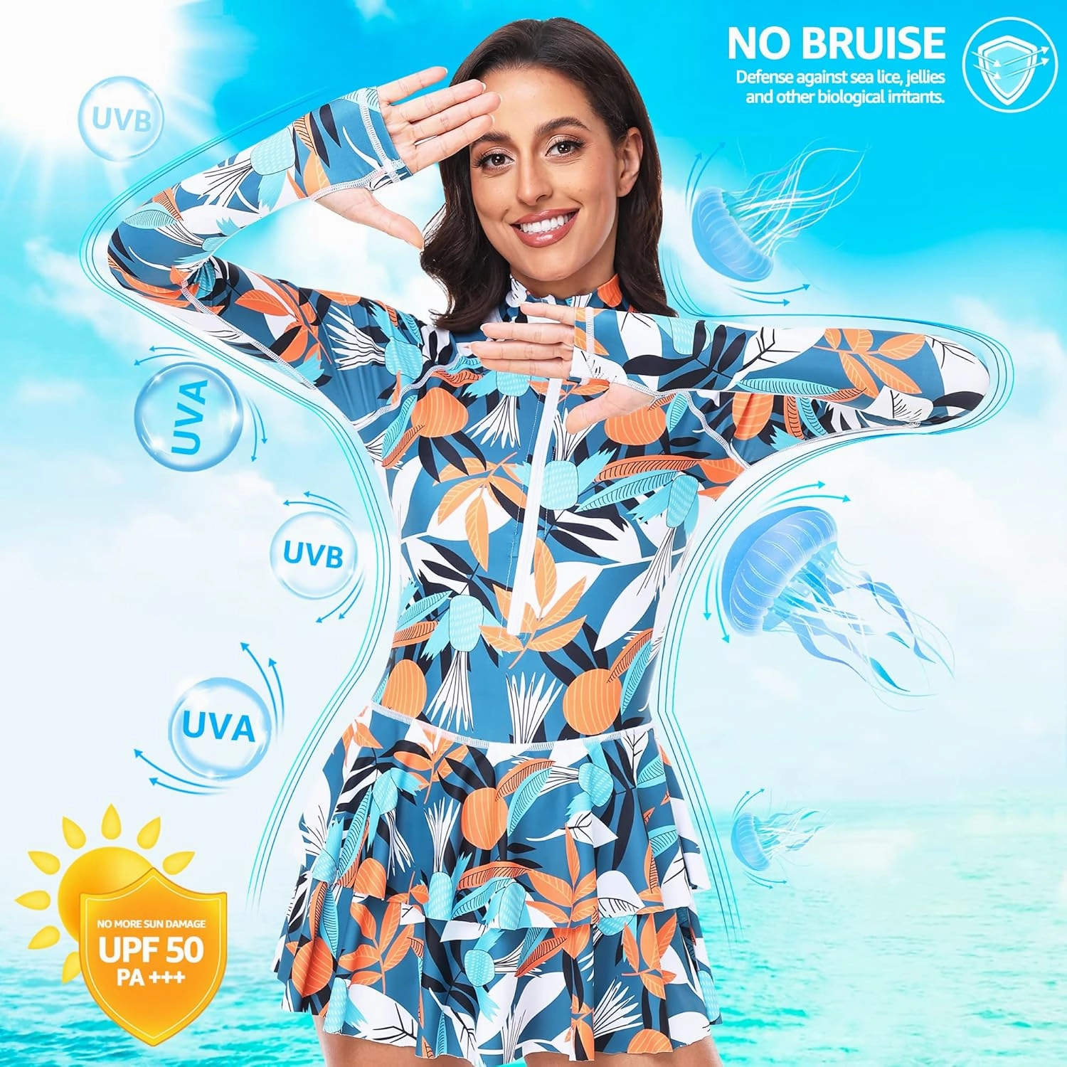 UNIQUEBELLA Rash Guard for Women, 1 Piece Modest Swimsuits for Women - Long Sleeve Swimsuits UV UPF 50  Swim Shirt