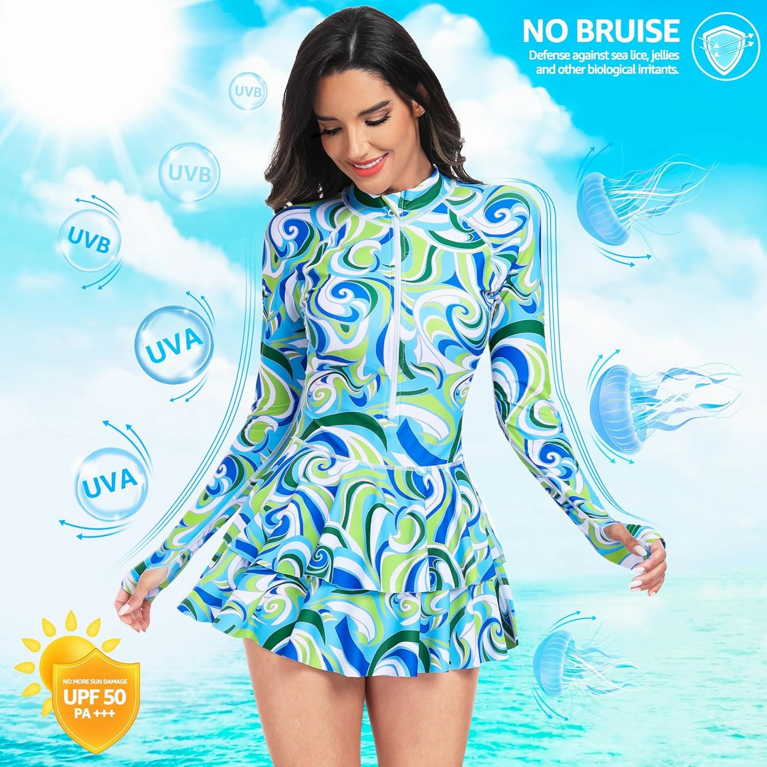 UNIQUEBELLA Rash Guard for Women, 1 Piece Modest Swimsuits for Women - Long Sleeve Swimsuits UV UPF 50  Swim Shirt