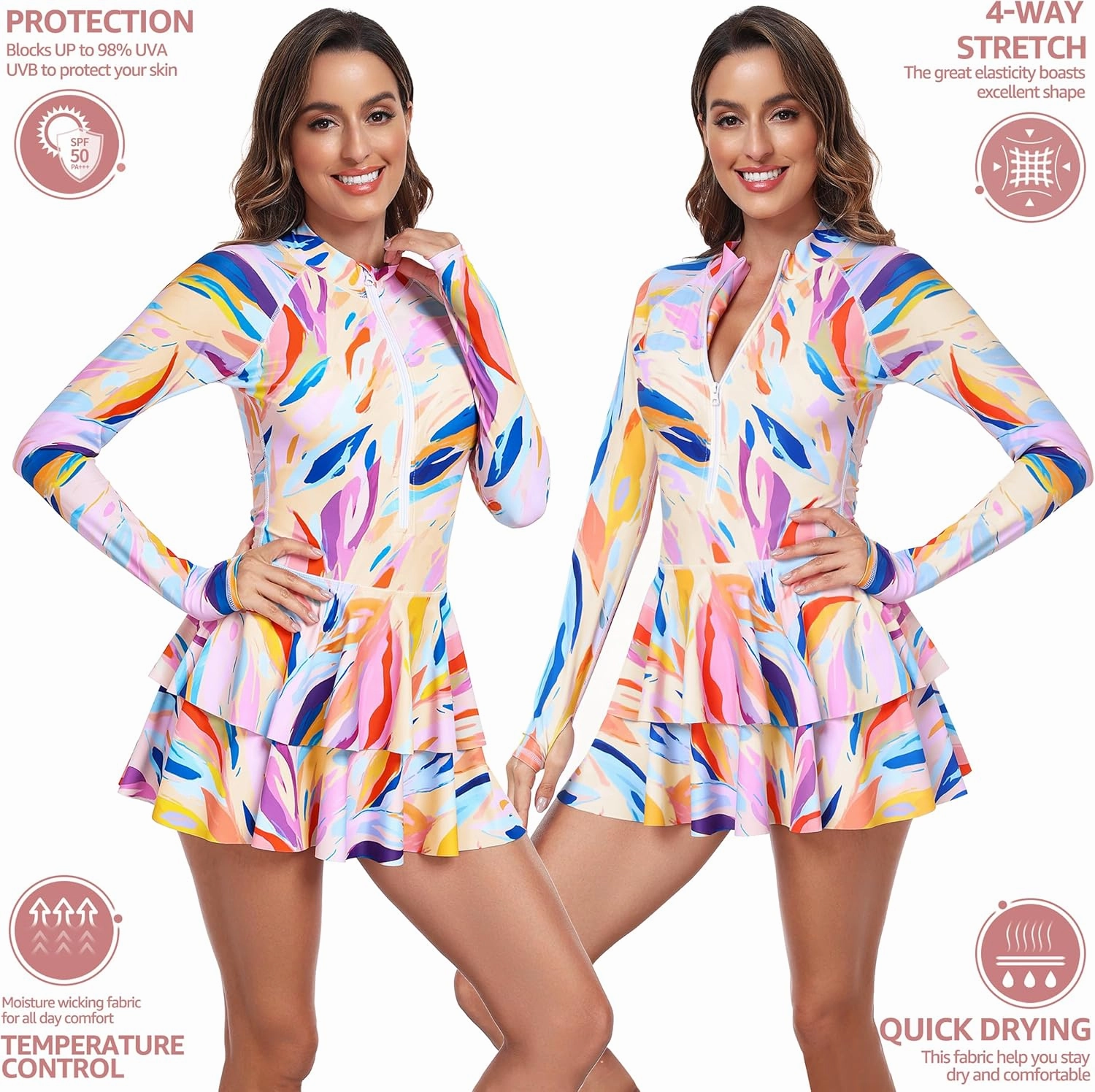 UNIQUEBELLA Rash Guard for Women, 1 Piece Modest Swimsuits for Women - Long Sleeve Swimsuits UV UPF 50  Swim Shirt