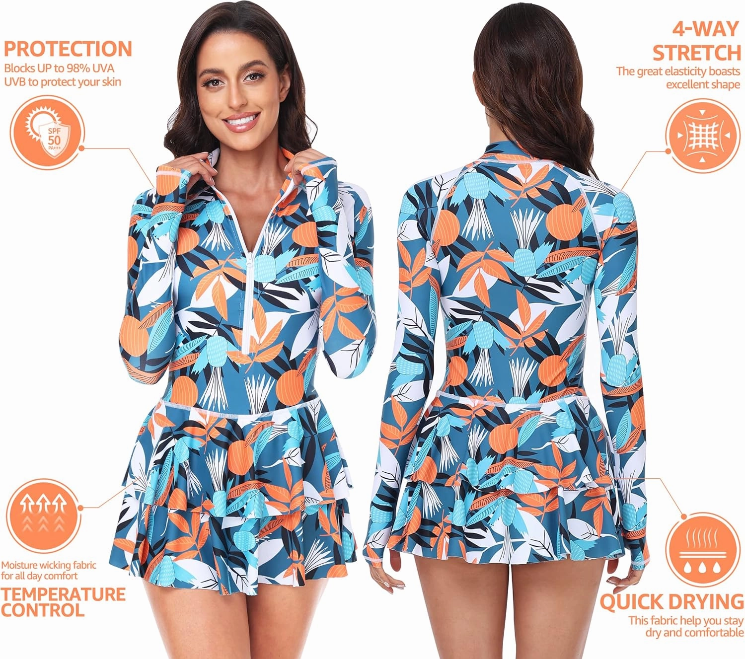 UNIQUEBELLA Rash Guard for Women, 1 Piece Modest Swimsuits for Women - Long Sleeve Swimsuits UV UPF 50  Swim Shirt