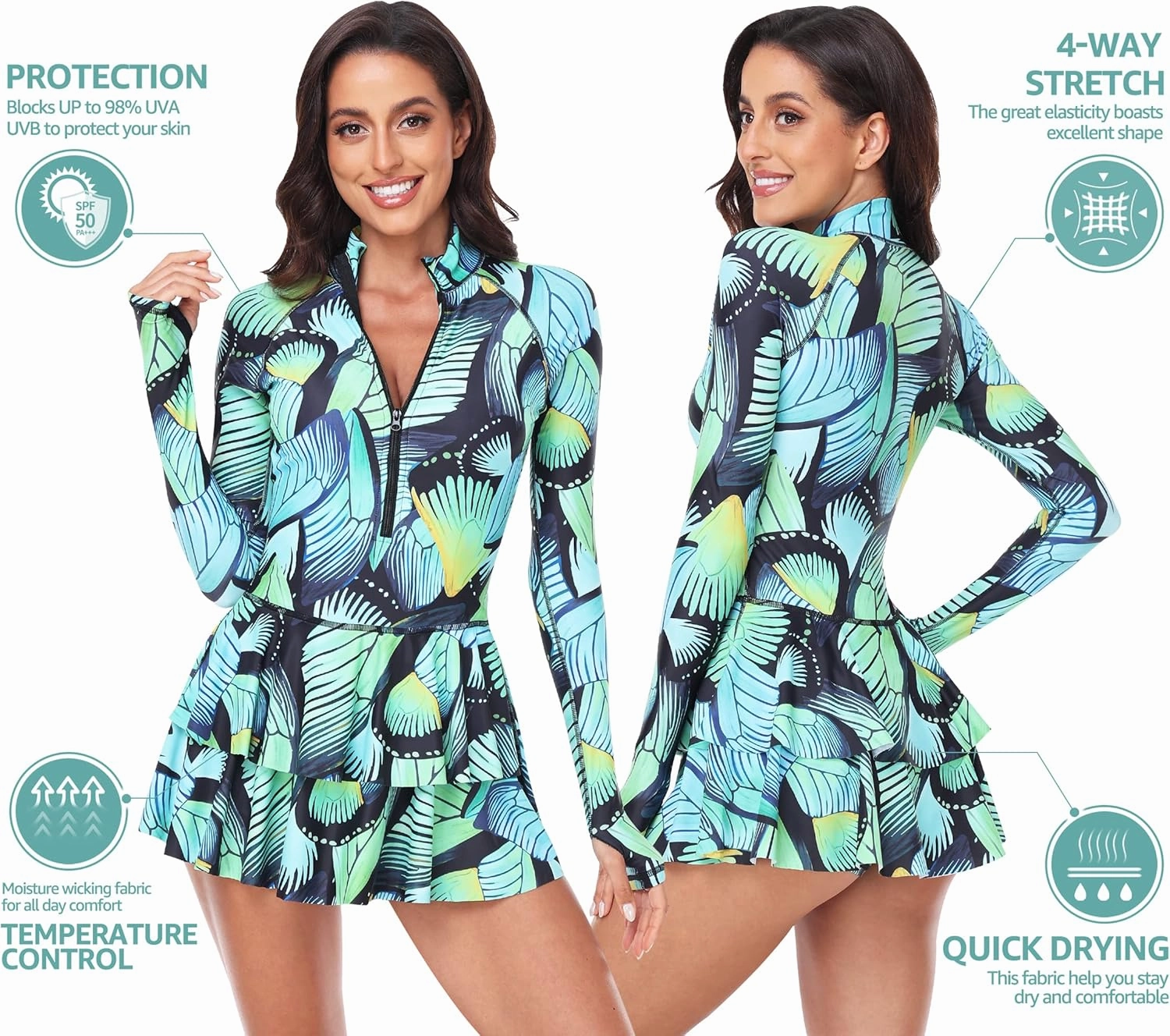 UNIQUEBELLA Rash Guard for Women, 1 Piece Modest Swimsuits for Women - Long Sleeve Swimsuits UV UPF 50  Swim Shirt