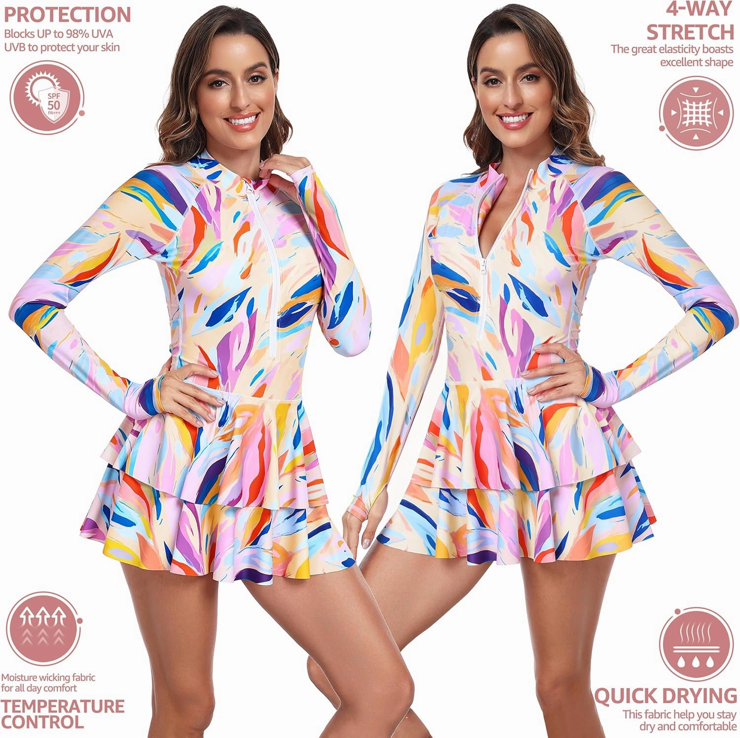 UNIQUEBELLA Rash Guard for Women, 1 Piece Modest Swimsuits for Women - Long Sleeve Swimsuits UV UPF 50  Swim Shirt
