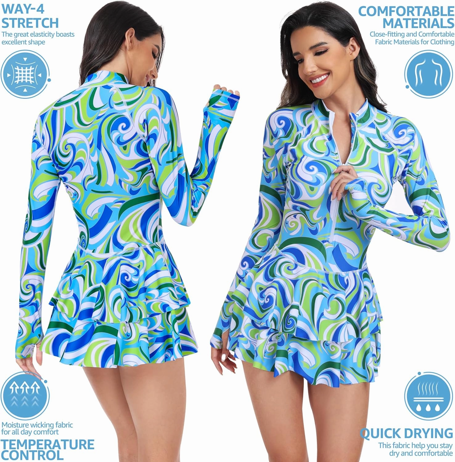 UNIQUEBELLA Rash Guard for Women, 1 Piece Modest Swimsuits for Women - Long Sleeve Swimsuits UV UPF 50  Swim Shirt