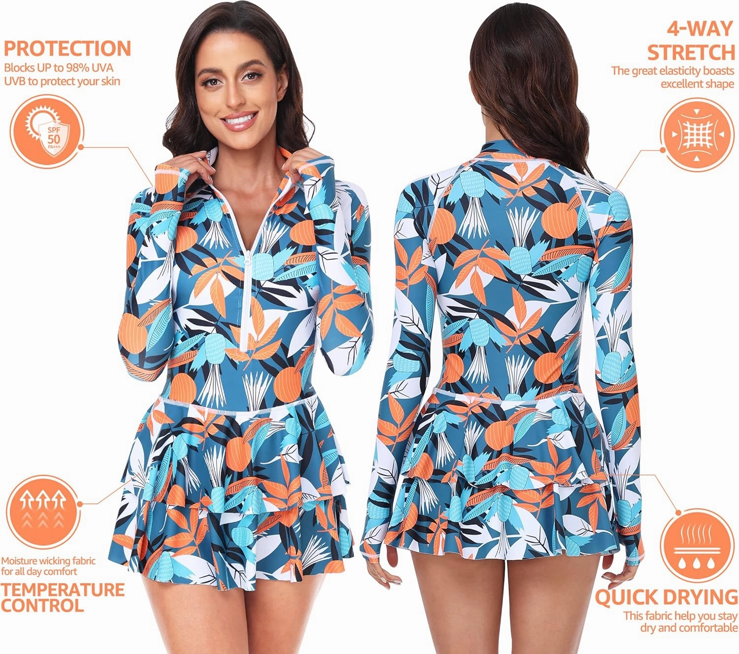 UNIQUEBELLA Rash Guard for Women, 1 Piece Modest Swimsuits for Women - Long Sleeve Swimsuits UV UPF 50  Swim Shirt