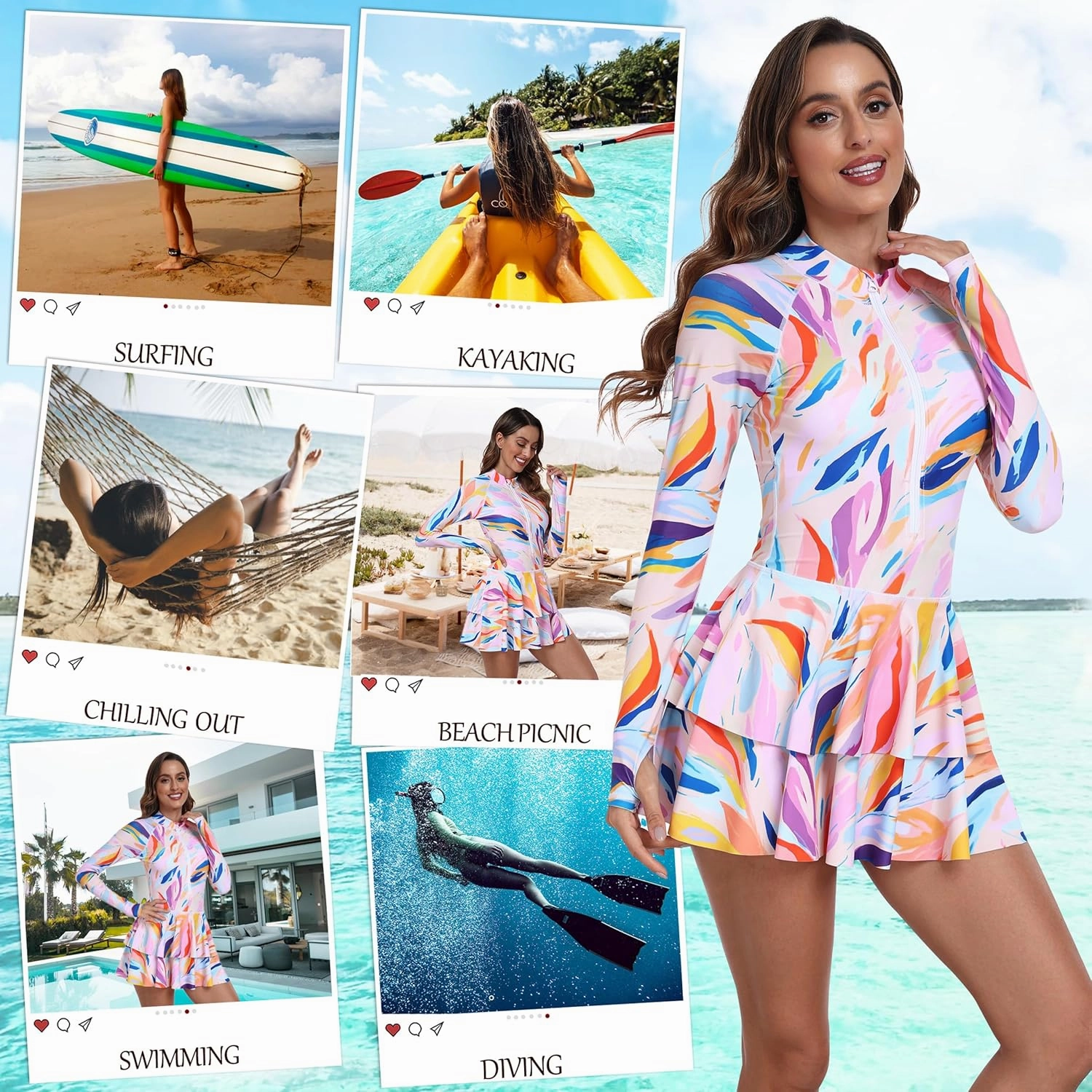 UNIQUEBELLA Rash Guard for Women, 1 Piece Modest Swimsuits for Women - Long Sleeve Swimsuits UV UPF 50  Swim Shirt