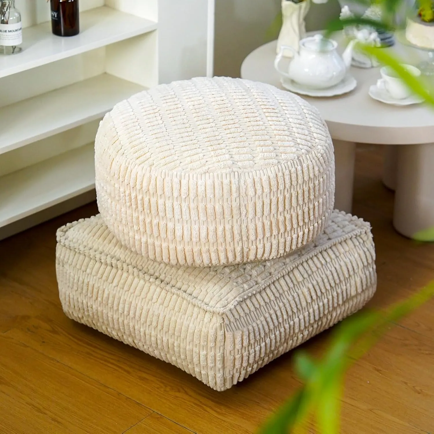 Unstuffed Pouf Ottoman Cover Soft Storage Extra Seat Farmhouse Comfortable Bohemian Poufs Accent Footrest 20x20x8 Inches for Living Room Bedroom Study Nook (Beige, Round)