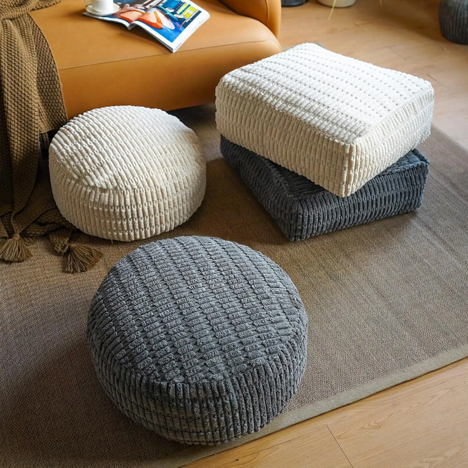 Unstuffed Pouf Ottoman Cover Soft Storage Extra Seat Farmhouse Comfortable Bohemian Poufs Accent Footrest 20x20x8 Inches for Living Room Bedroom Study Nook (Beige, Round)