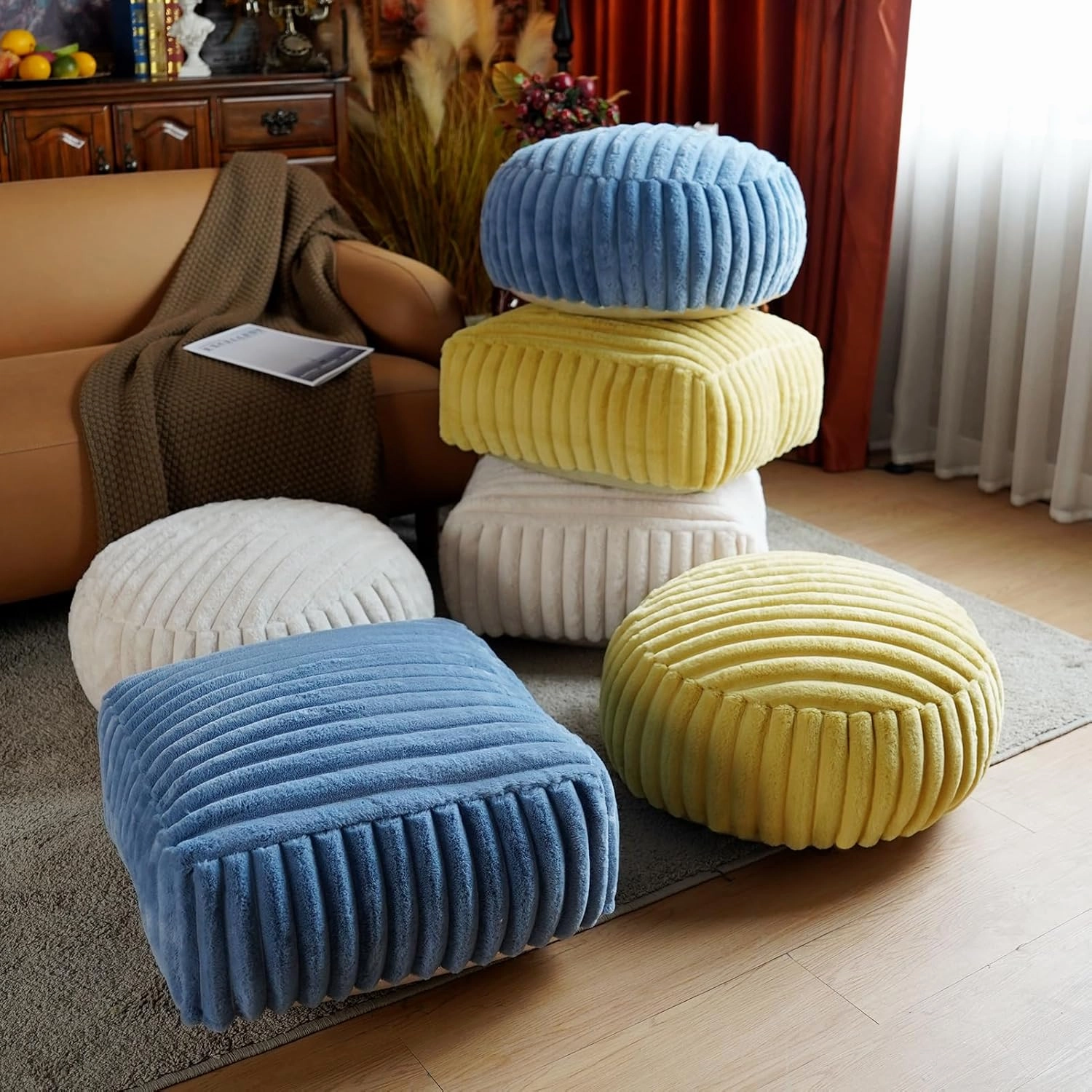 Unstuffed Pouf Ottoman Cover Soft Storage Extra Seat Farmhouse Comfortable Bohemian Poufs Accent Footrest 20x20x8 Inches for Living Room Bedroom Study Nook (Beige B, Round)