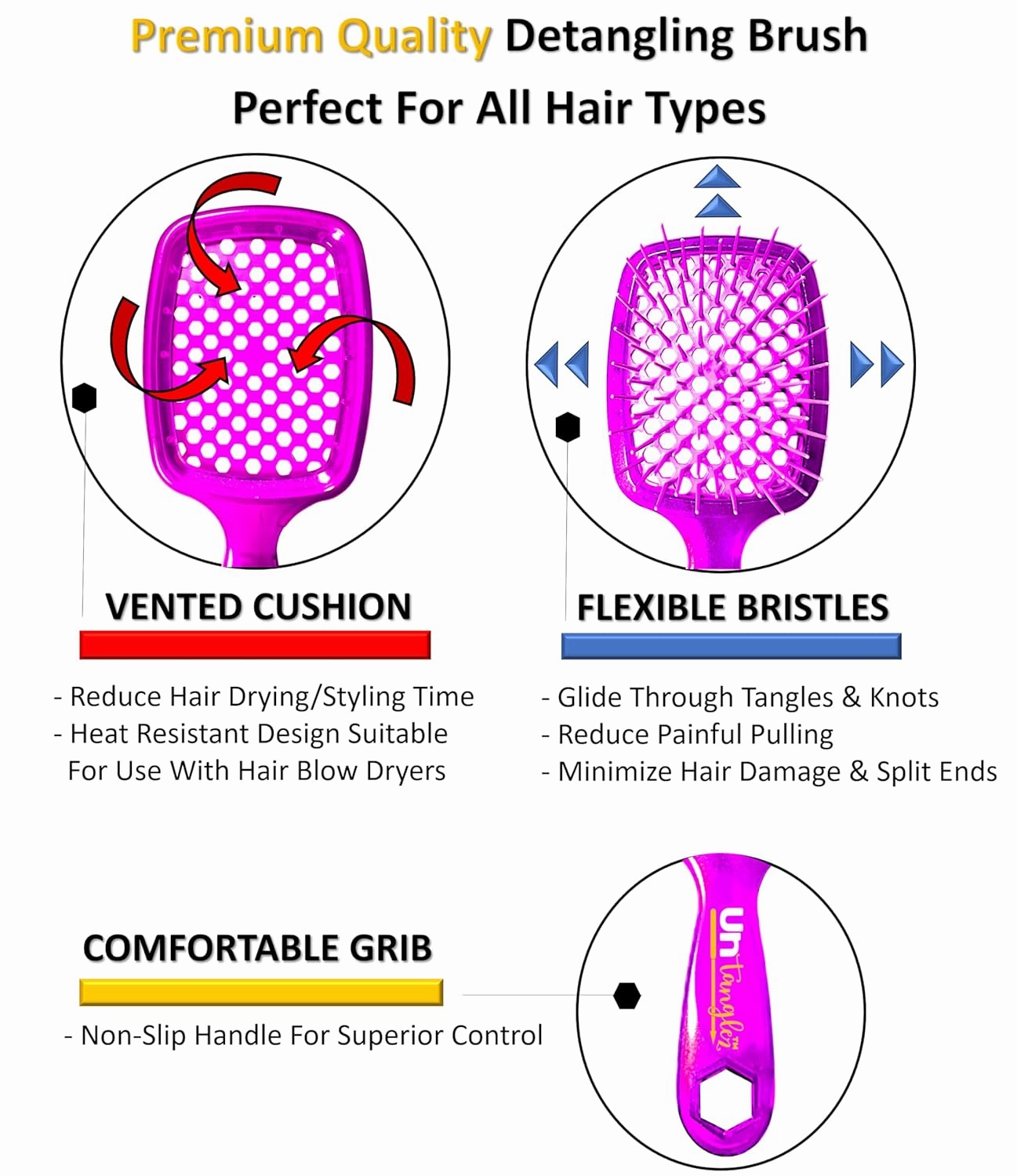 UNtanglez. Wet & Dry Vented Detangling Hair Brush For All Hair Types. Quickly Brush Out Your Hair Without Painful Pulling., Glitter Pink