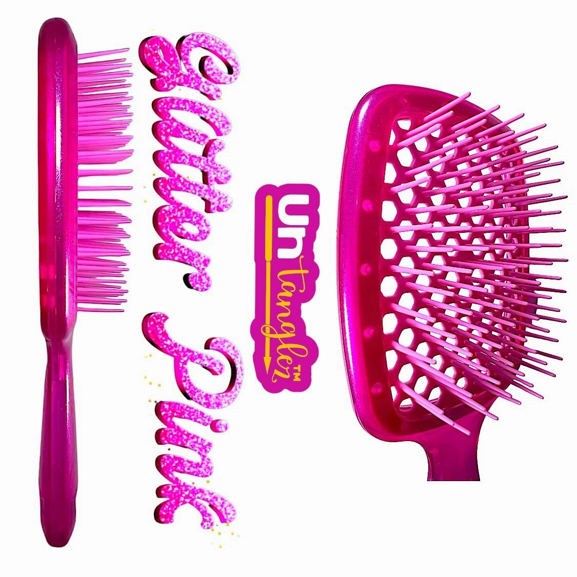 UNtanglez. Wet & Dry Vented Detangling Hair Brush For All Hair Types. Quickly Brush Out Your Hair Without Painful Pulling., Glitter Pink
