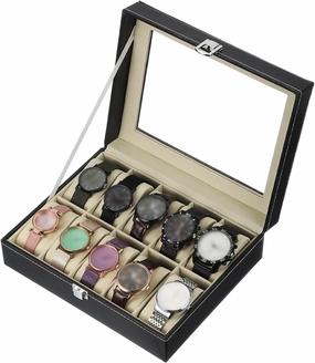uxcell 10 Slot Watch Storage Box, Watch Box for Men with Glass Cover, Wooden Watch Box with Removable Watch Pillow, Black/Beige