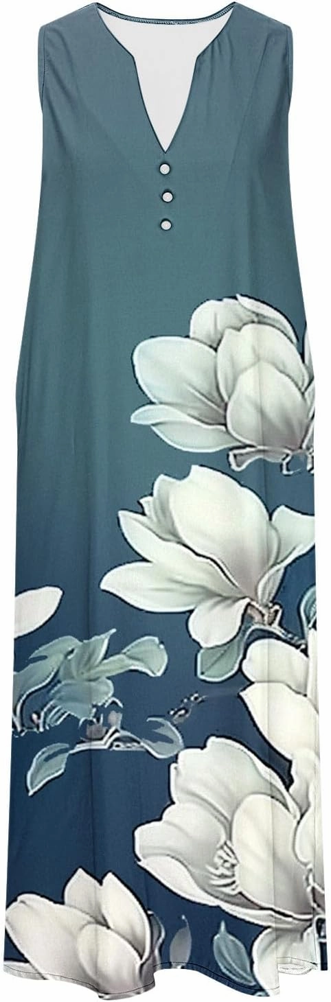 Vacation Dresses for Women 2025 Sleeveless Boho Floral Sundress V-Neck Summer Beach Flowy Dress with Pockets