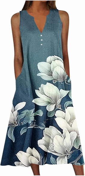 Vacation Dresses for Women 2025 Sleeveless Boho Floral Sundress V-Neck Summer Beach Flowy Dress with Pockets