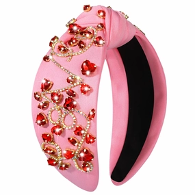 Valentine’s Day Headbands Accessories for Women Hot Pink Beaded Heart Headband Heart Crystal Knotted Headband Jeweled Wide Top Knot Headband Valentine’s Day Gifts (Crsytal Heart C)