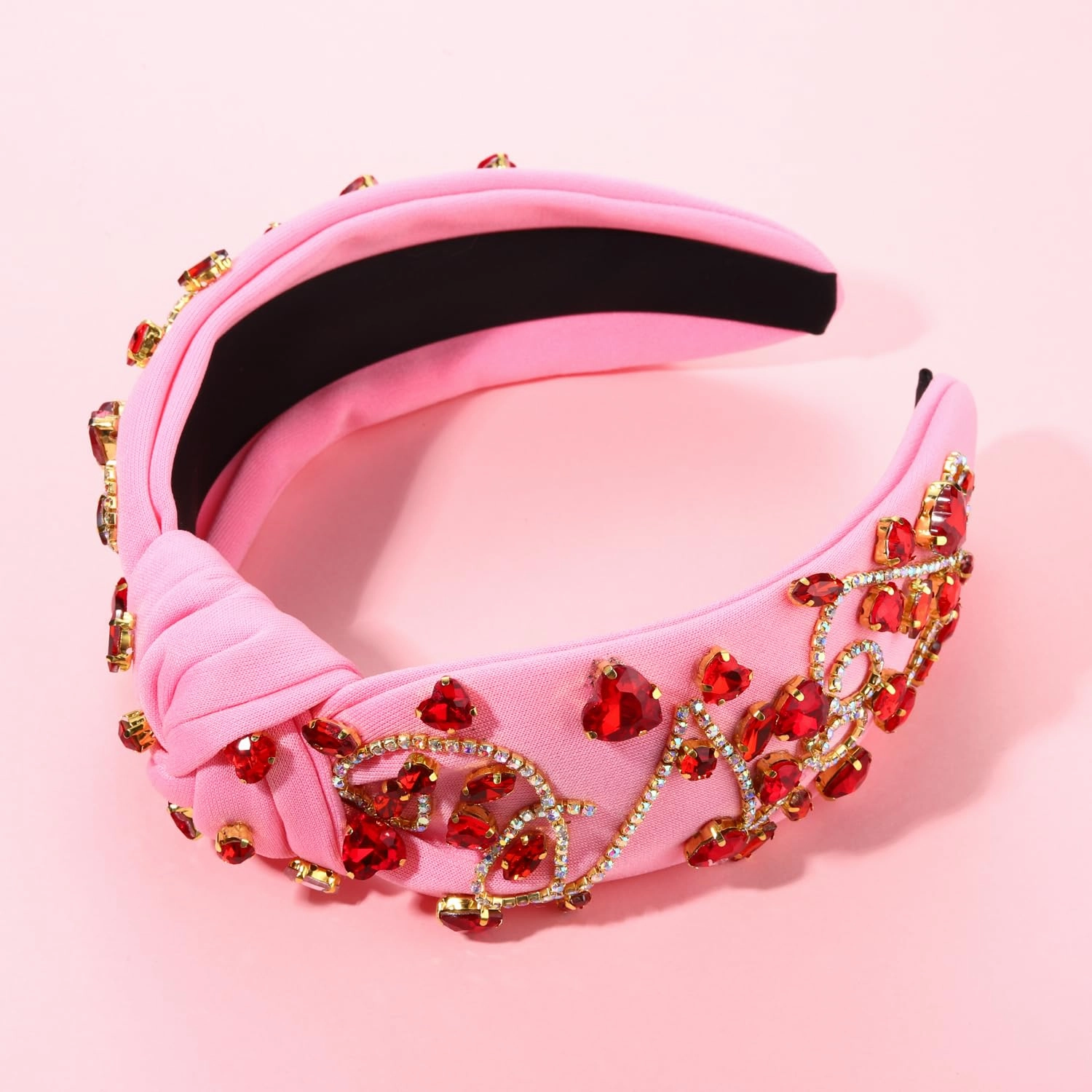 Valentine’s Day Headbands Accessories for Women Hot Pink Beaded Heart Headband Heart Crystal Knotted Headband Jeweled Wide Top Knot Headband Valentine’s Day Gifts (Crsytal Heart C)
