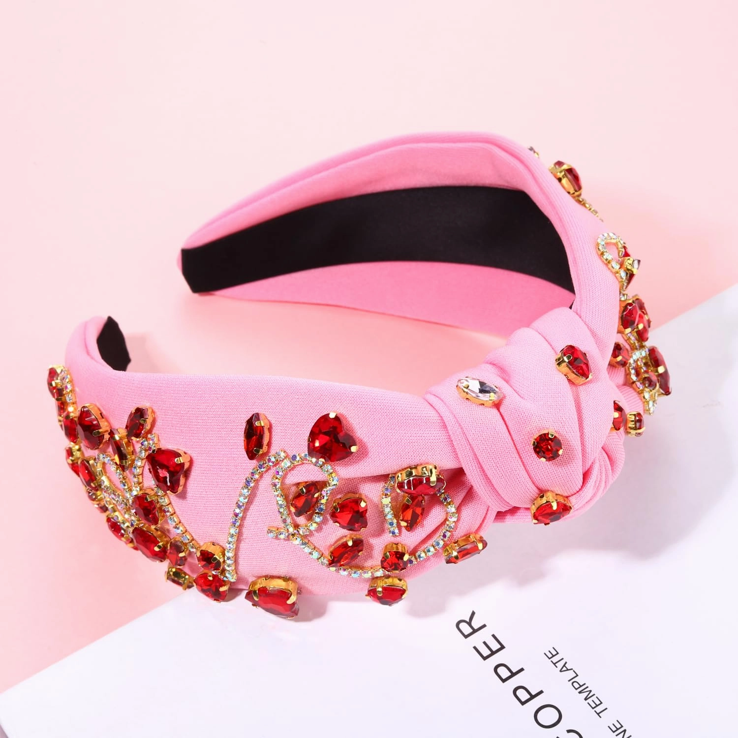 Valentine’s Day Headbands Accessories for Women Hot Pink Beaded Heart Headband Heart Crystal Knotted Headband Jeweled Wide Top Knot Headband Valentine’s Day Gifts (Crsytal Heart C)