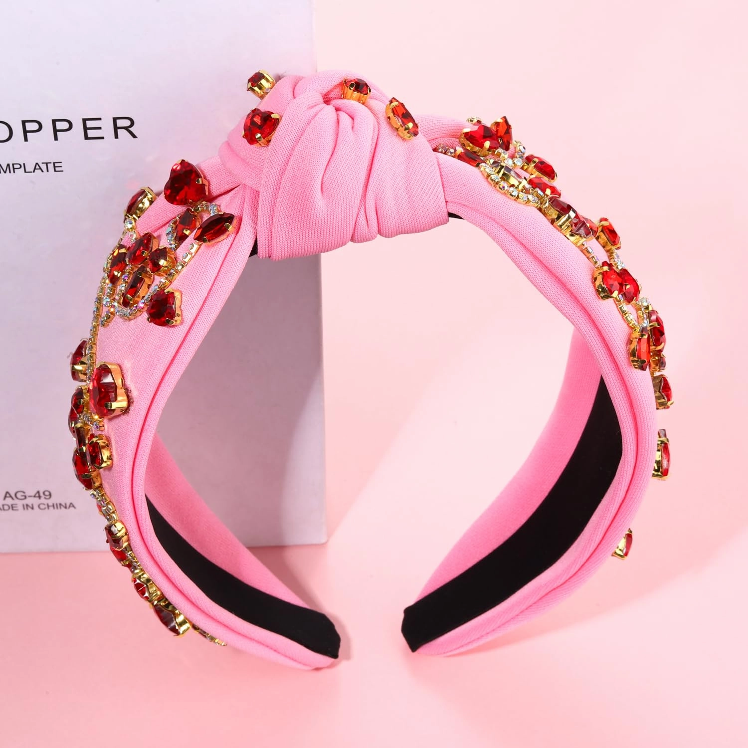 Valentine’s Day Headbands Accessories for Women Hot Pink Beaded Heart Headband Heart Crystal Knotted Headband Jeweled Wide Top Knot Headband Valentine’s Day Gifts (Crsytal Heart C)