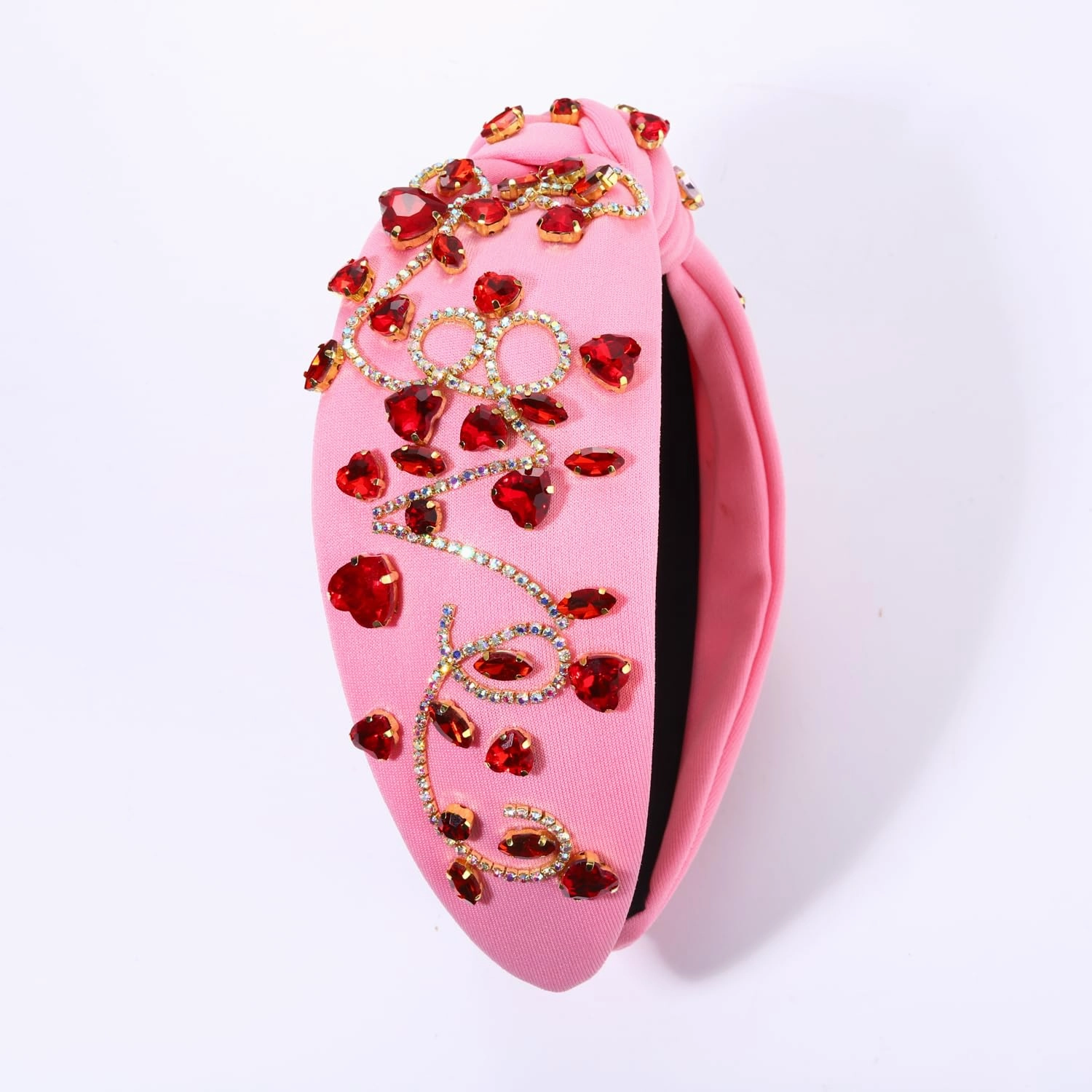 Valentine’s Day Headbands Accessories for Women Hot Pink Beaded Heart Headband Heart Crystal Knotted Headband Jeweled Wide Top Knot Headband Valentine’s Day Gifts (Crsytal Heart C)