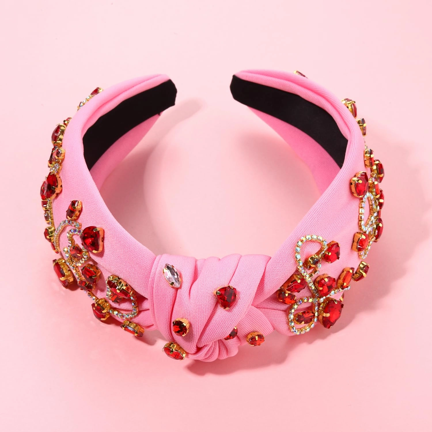 Valentine’s Day Headbands Accessories for Women Hot Pink Beaded Heart Headband Heart Crystal Knotted Headband Jeweled Wide Top Knot Headband Valentine’s Day Gifts (Crsytal Heart C)