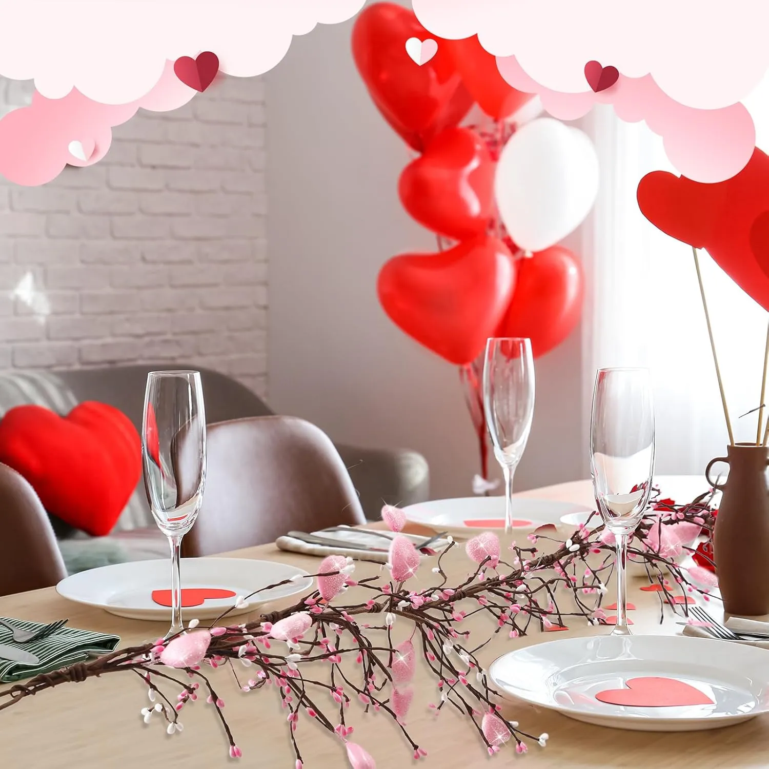 Valentine's Day Glitter Garland with 30 Fairy Lights 4.5ft Pip Berry Cherry Blossom Garland LED Christmas Lights for Valentine's Day Wedding Party (Pink)
