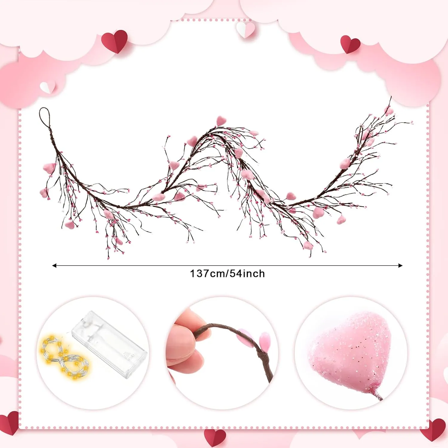 Valentine's Day Glitter Garland with 30 Fairy Lights 4.5ft Pip Berry Cherry Blossom Garland LED Christmas Lights for Valentine's Day Wedding Party (Pink)