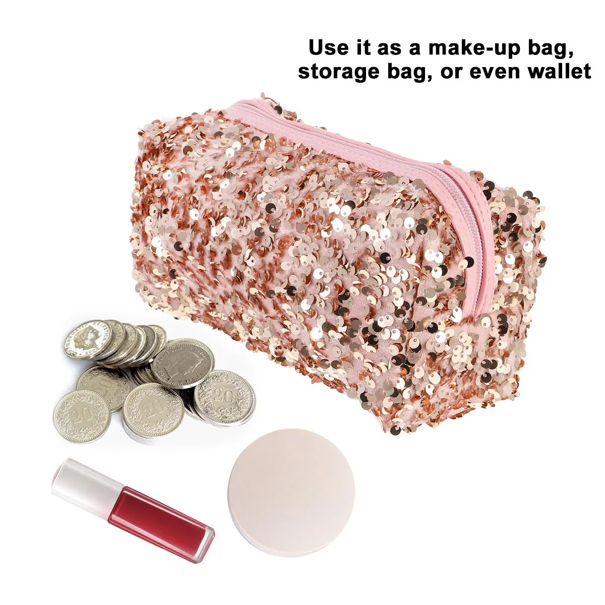 VALICLUD Sequin Cosmetic Bag Portable Glitter Makeup Zipper Bag Toiletry Bag Sequin Organizer Bag for Women Girls Travel Daily Use (Pink)