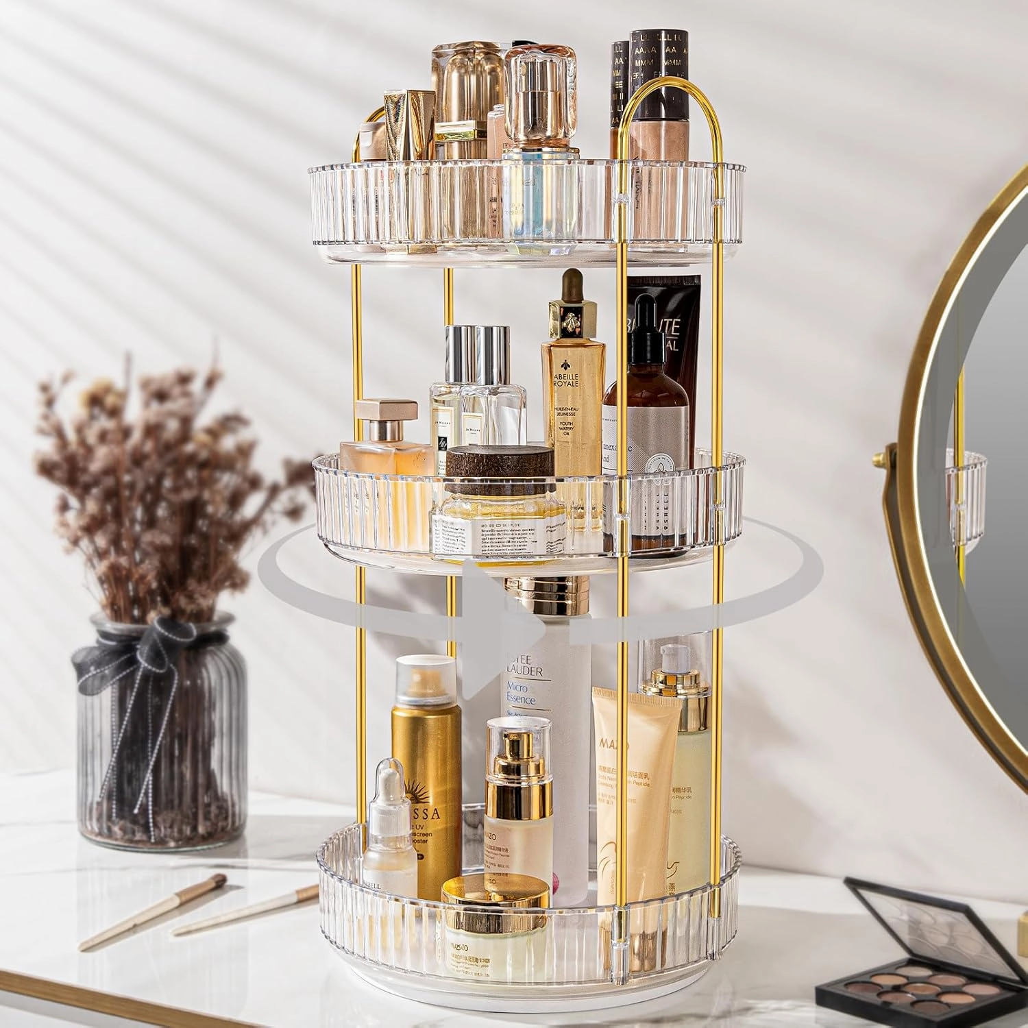 Vanity Organizer - 360 Rotating Countertop, High-Capacity Skincare & Cosmetics Organizer (3 Tiers, Clear)