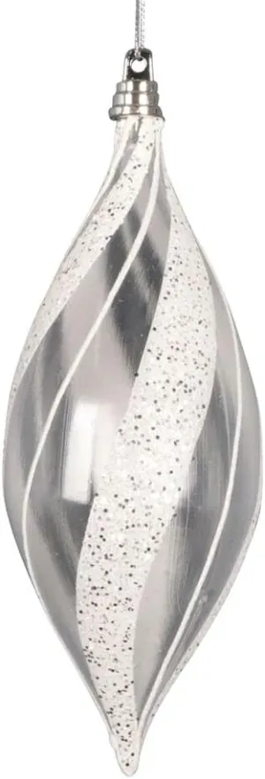 Vickerman 7" Clear Shuttle White/Silver Glitter. Measures 7 inches from top to Bottom. 3 Pieces per Bag.