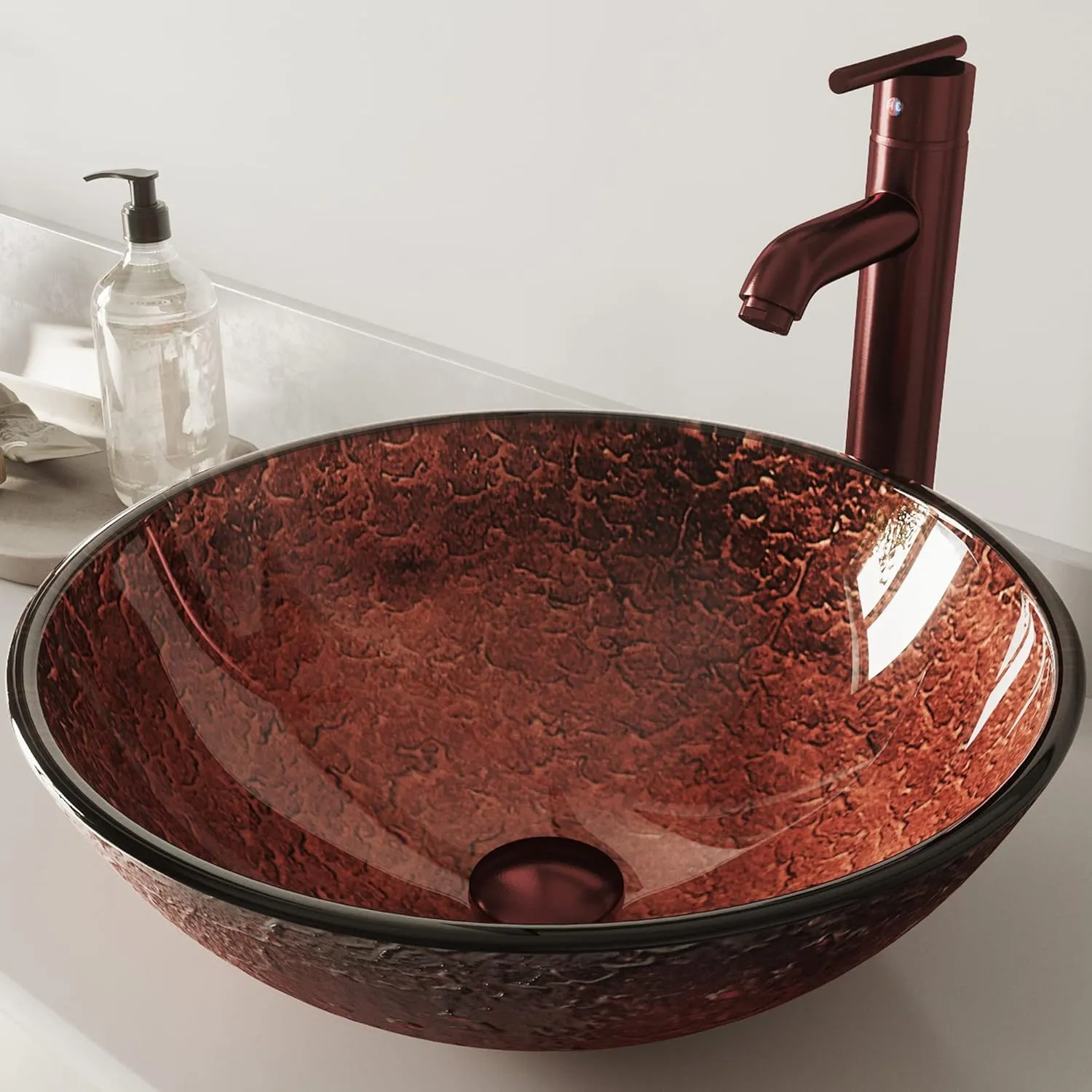 VIGO Giovanni 17" L x 17" W x 6" H Over The Counter Glass Round Vessel Bathroom Sink in Copper -VG07028