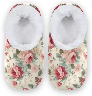 Vintage Red Peonies Fuzzy Memory Foam Closed Back Slippers for Women Men Knit Fleece Lined House Shoes with Anti-Skid Sole Bedroom Slippers for Indoor Outdoor Hotel Bedroom