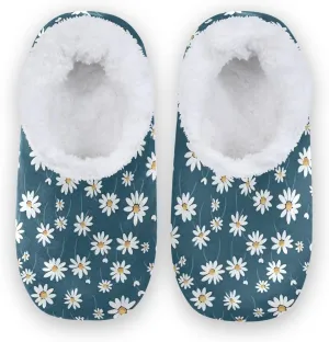 Vintage Spring White Daisies Fuzzy Memory Foam Closed Back Slippers for Women Men Knit Fleece Lined House Shoes with Anti-Skid Sole Bedroom Slippers for Outdoor Bedroom Hotel Indoor