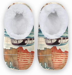 Vintage America Map Cars Fuzzy Memory Foam Closed Back Slippers for Women Men Knit Fleece Lined House Shoes with Anti-Skid Sole Bedroom Shoes for Bedroom Hotel Indoor Outdoor