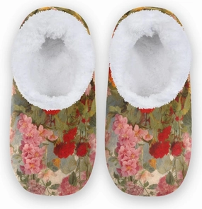 Vintage Flowers Botanical Fuzzy Memory Foam Closed Back Slippers for Women Men Knit Fleece Lined House Shoes with Anti-Skid Sole Bedroom Shoes for Hotel Outdoor Indoor Bedroom