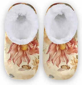 Vintage Honey Bees Flowers Fuzzy Memory Foam Closed Back Slippers for Women Men Knit Fleece Lined House Shoes with Anti-Skid Sole Warm Socks for Outdoor Bedroom Hotel Indoor