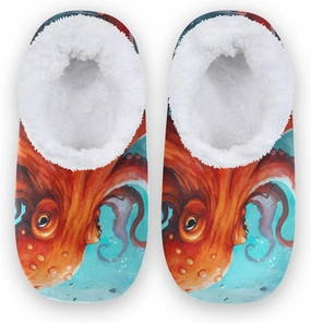 Vintage Red Octopus Underwater Fuzzy Memory Foam Closed Back Slippers for Women Men Knit Fleece Lined House Shoes with Anti-Skid Sole Bedroom Slippers for Hotel Indoor Outdoor Bedroom