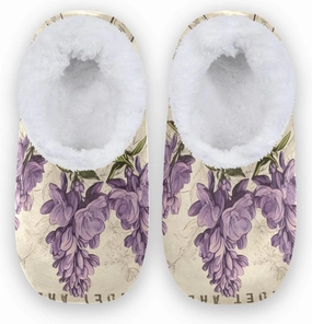 Vintage Retro Flowers Lavender Fuzzy Memory Foam Closed Back Slippers for Women Men Knit Fleece Lined House Shoes with Anti-Skid Sole Bedroom Slippers for Bedroom Hotel Indoor Outdoor