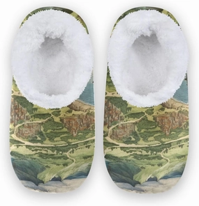 Vintage Seaside Area Map Fuzzy Memory Foam Closed Back Slippers for Women Men Knit Fleece Lined House Shoes with Anti-Skid Sole Sock Slippers for Hotel Indoor Outdoor Bedroom